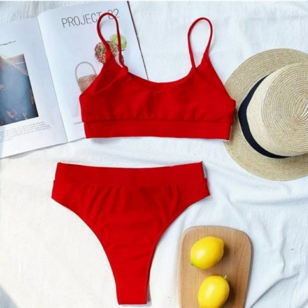 New Red Shimmering Bralette Top High waisted Bikini Set Swimsuit Size L - Picture 7 of 8